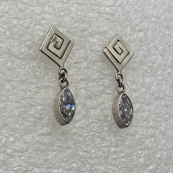 Vtg Sterling Silver Geometric Square Spiral Marquis Cz Dangle Stud Earrings 1.1” - Picture 3 of 9